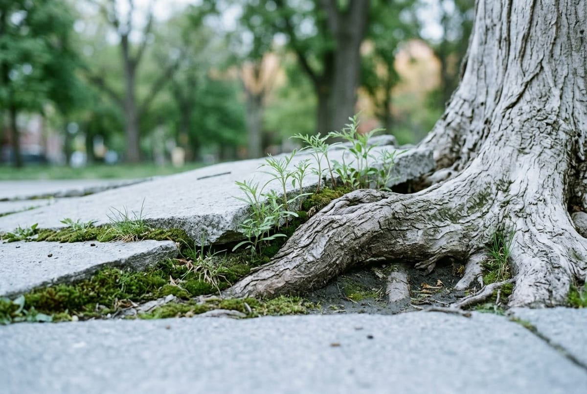 A tree root lifting a cracked paving slab, with small green seedlings and moss in the gap