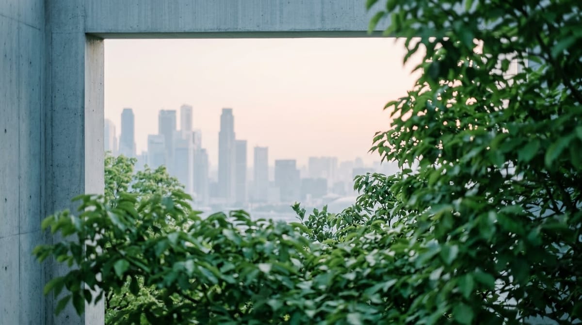A city skyline in soft evening haze, seen through a concrete frame with green leaves in the foreground