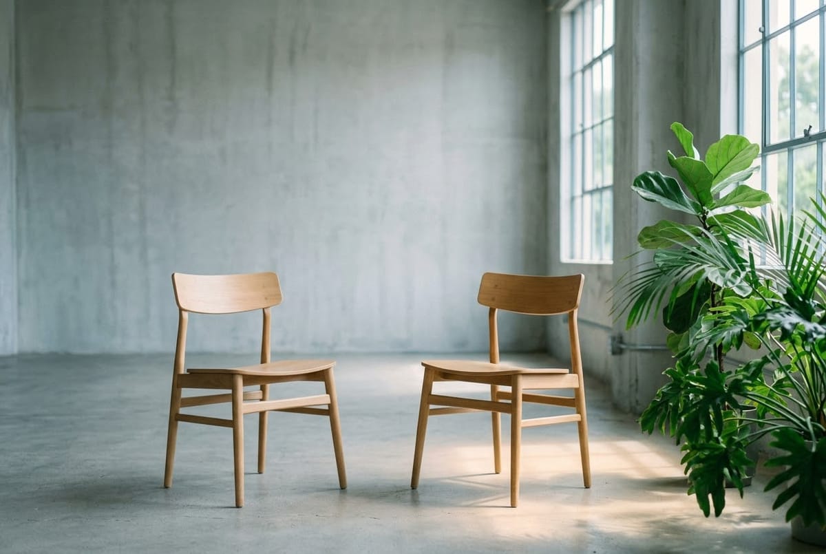 Two wooden chairs facing each other across a bright concrete room, with a large green plant by the window